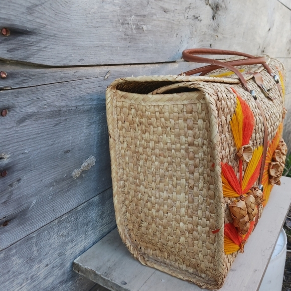 Acapulco Mexico Vintage Woven‎ Rattan Large Beach Bag Tote 3D Flowers Orange/Red - Picture 5 of 13